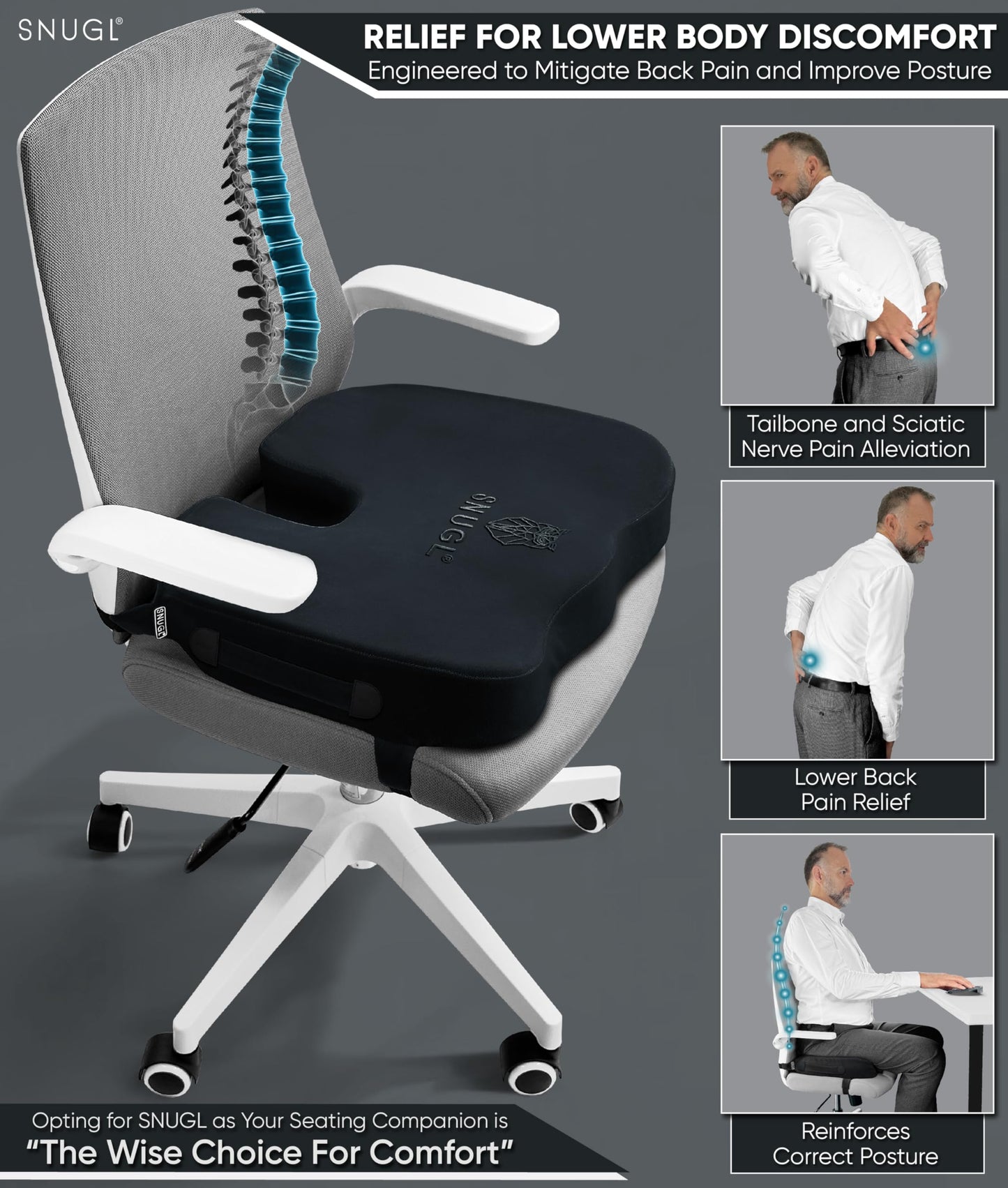 SNUGL Coccyx Seat Cushion – Orthopedic Memory Foam Pillow for Desk Chair, Gaming, Wheelchair, Car Seat, Postpartum & Pregnancy, Hemorrhoids Treatment