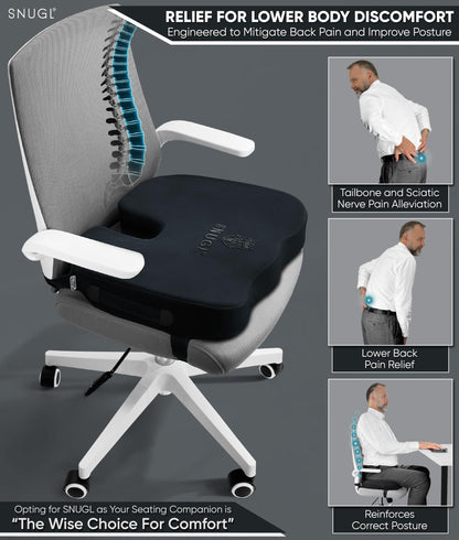SNUGL Coccyx Seat Cushion – Orthopedic Memory Foam Pillow for Desk Chair, Gaming, Wheelchair, Car Seat, Postpartum & Pregnancy, Hemorrhoids Treatment