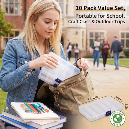 10 Pack Clear Plastic Storage Boxes with Lid, 15 Grids Adjustable Compartments Organiser Box