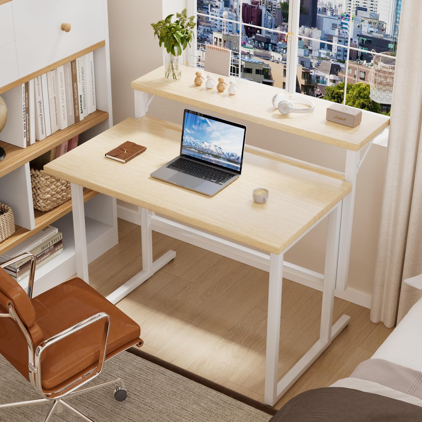 JUMMICO Folding Desk,Small Foldable Desk with Monitor Shelf, 2-Tier Folding Table for Home, Office, School, Computer Desk for Small Space, Beige