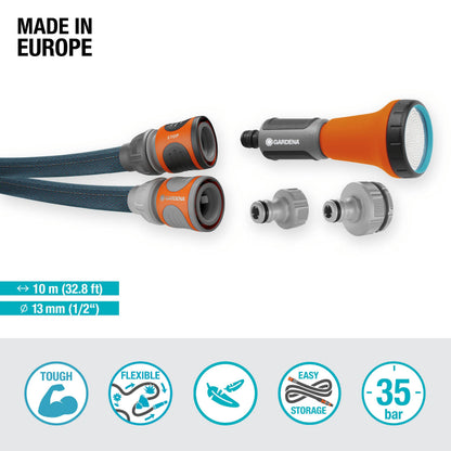 Gardena Liano Xtreme 1/2 inch, 10m set: Extremely robust textile garden hose, for indoor water taps, with PVC inner tube, lightweight,