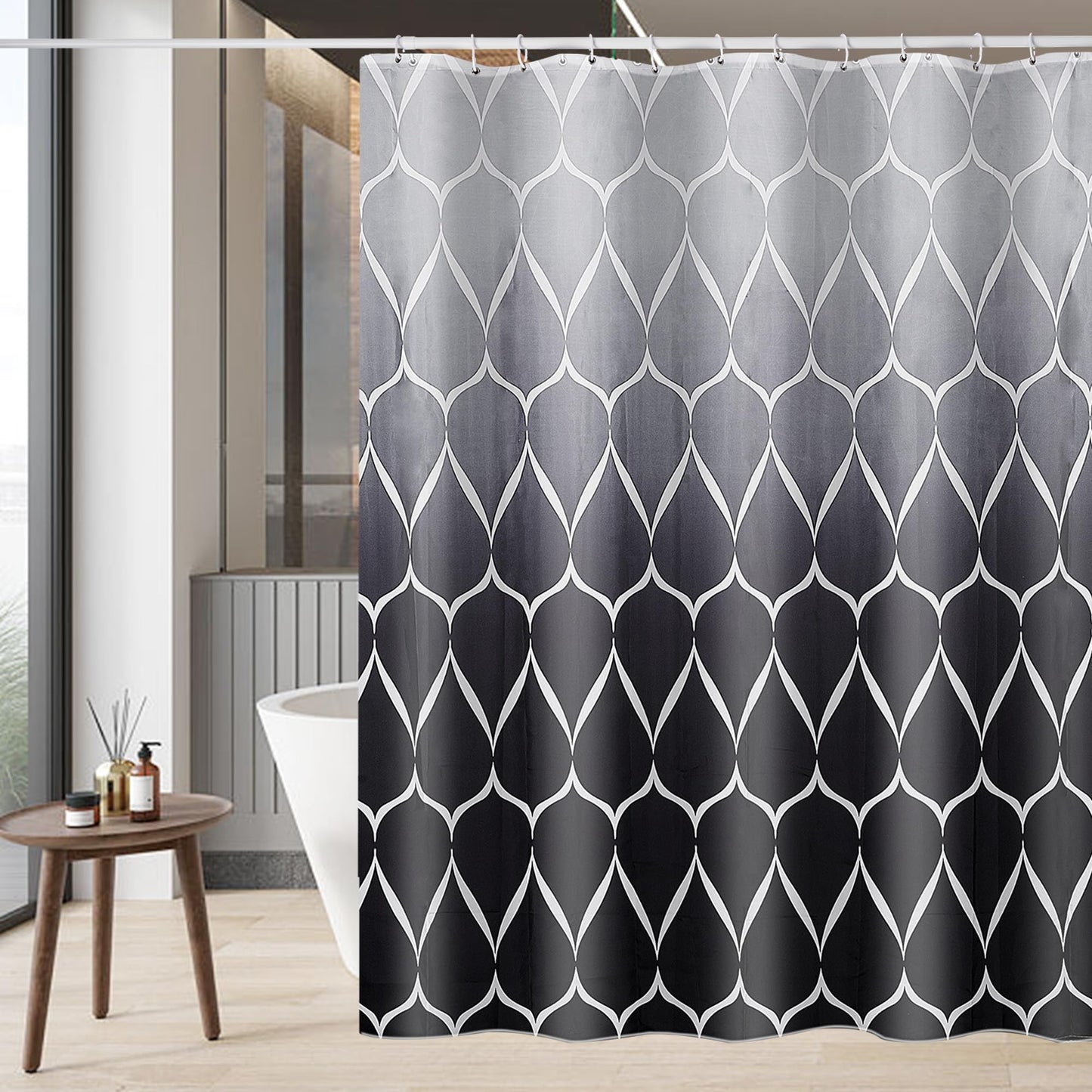 GERUIKE Weighted Shower Curtains Mould Proof Resistant - Grey & Black Shower Curtain 180 x 180 cm, Machine Washable Bath Curtain with 12 Shower