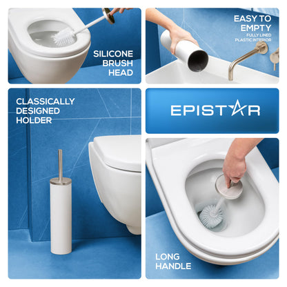 EPISTAR Silicone Toilet Brush & Holder Set - Stainless Steel - Replacement Heads Available - 45cm Tall - Toilet Brush Silicone with Long Handle