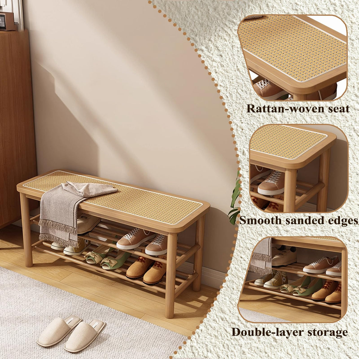 SOBIBO Bamboo Shoe Rack Bench with Rattan Seat, 3-Tier Shoe Storage Bench, Entryway Bench for Hallway,Nature-39.4 inches