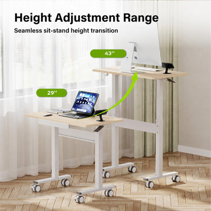 Mobile Standing Desk, Pneumatic Height Adjustable Desk, Light wood