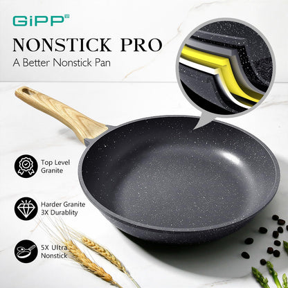 GiPP Non Stick Frying Pan Set - 20/24/28cm Grey Nonstick Pan Skillet, Non Toxic Pans for Cooking, Omelette Pan with Stay Cool Handle, Easy to Clean,