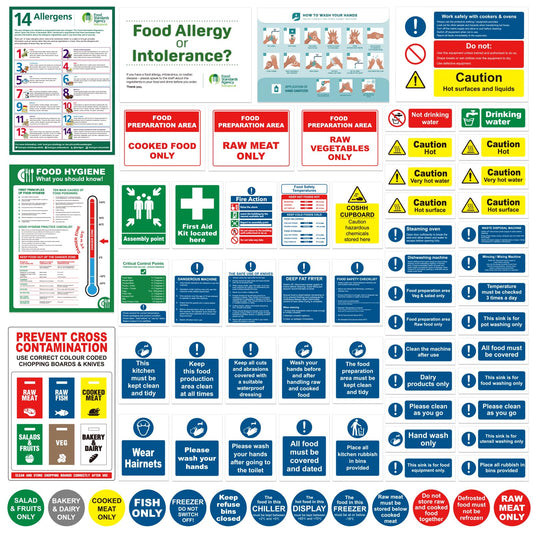 Complete Kitchen Safety Signs Set - 68 Pcs - Matte Self-Adhesive Vinyl, Waterproof and Oil-Proof - Food Hygiene Stickers, Ensure Safety and Compliance