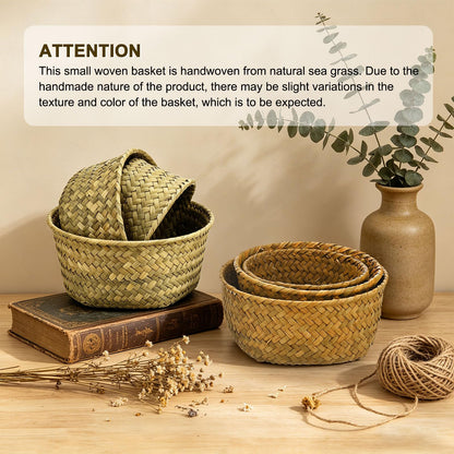 M METERXITY 2-Pack Natural Seagrass Woven Storage Basket, 12cm x 6.5cm Small Round Storage Seaweed Woven Sundries Baskets for