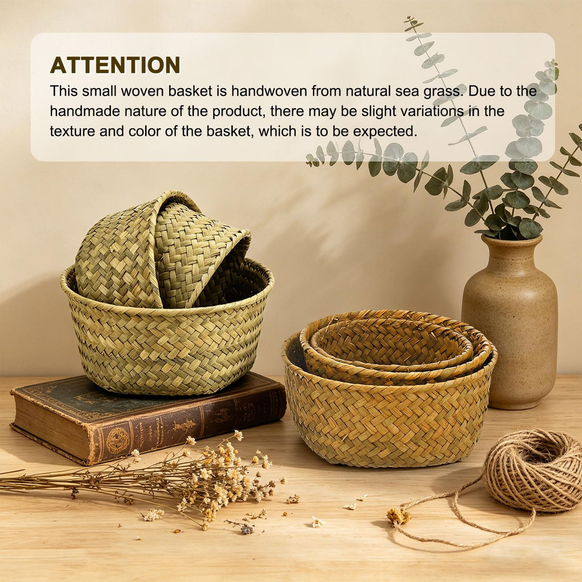 M METERXITY 2-Pack Natural Seagrass Woven Storage Basket, Small Round Storage Seaweed Woven Sundries Baskets for Fruit/Kitchen/Desktop/Household