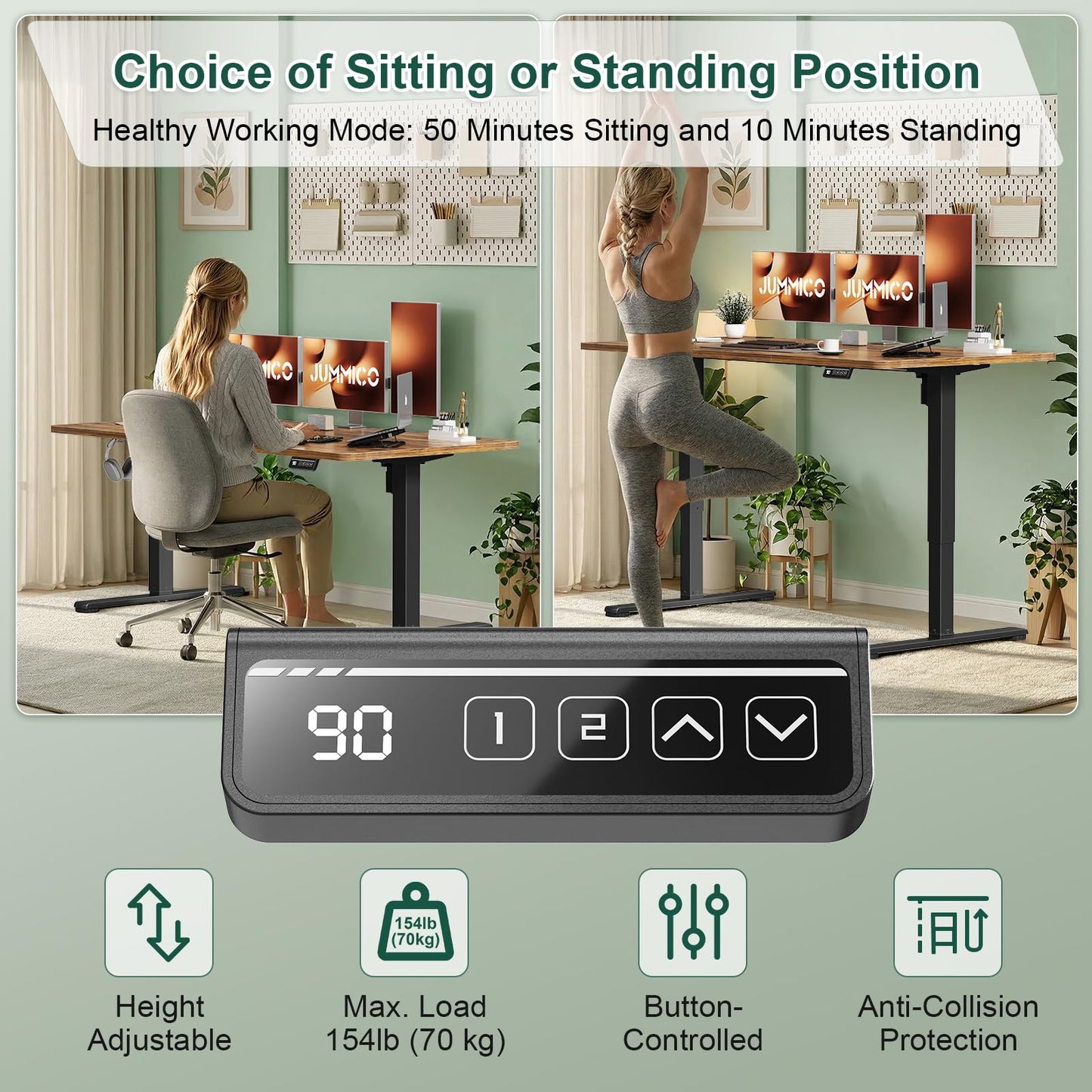 JUMMICO Electric Standing Desk 100 x 60 cm Home Office Height Adjustable Desk, Computer Lift Table with Smart Panel