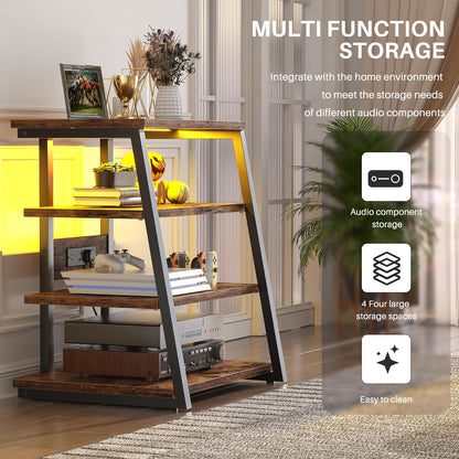 iSunirm HiFi Stand, AV Media Stand with Outlets, 4-Tier Media Console with LED Lights, Record Player Stand With Storage Shelves