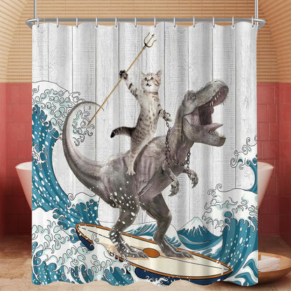 Lerores Shower Curtain, 240 x 200 cm, Cats and Dinosaurs, Weighted Hem, Anti-Mould, Water-Repellent