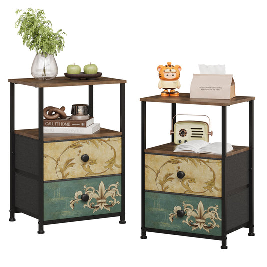 VEDECASA Chest of Drawers 2 Sets Bedside Table with Open Shelves and 2 Drawers Dressers for Bedroom Rustic Nightstand Cabinet for Living Room Sofa