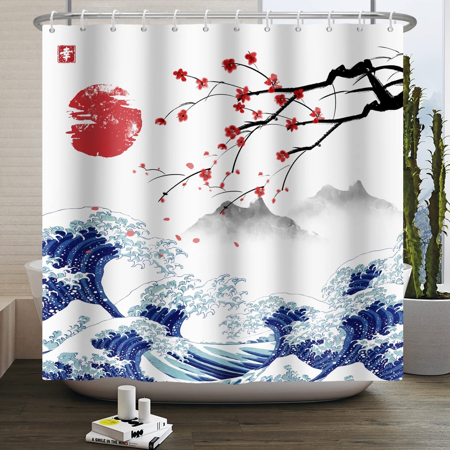 SDOTPMT 165x180cm Japanese Mount Fuji Shower Curtain Cherry Blossom Sunset Asian Ink Painting Bath Curtain Wave Landscape Painting Bathtub Curtain