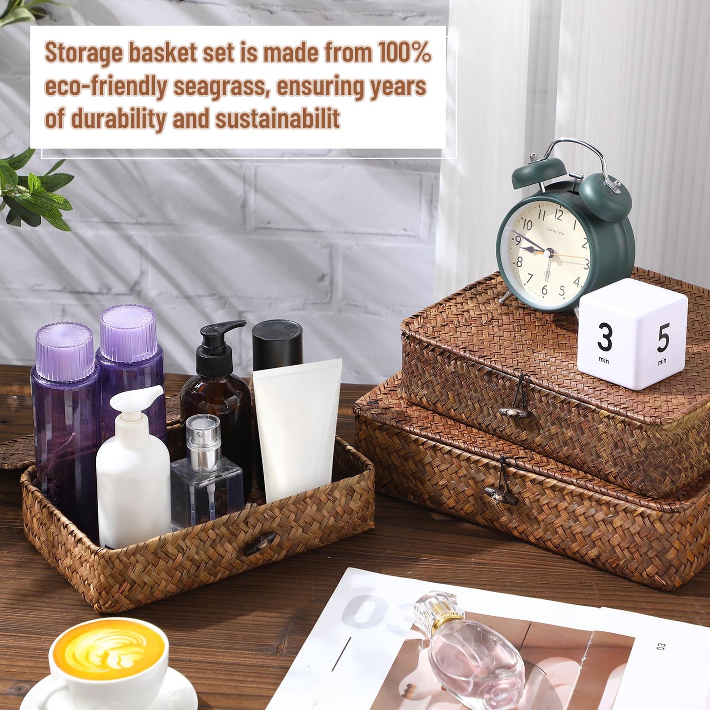 Didaey Set of 4 Seagrass Basket with Lid Wicker Storage Basket Decorative Storage Boxes with Lids Flat Storage Bins Woven Organizer Baskets for Shelf