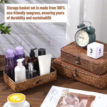 Didaey Set of 4 Seagrass Basket with Lid Wicker Storage Basket Decorative Storage Boxes with Lids Flat Storage Bins Woven Organizer Baskets for Shelf