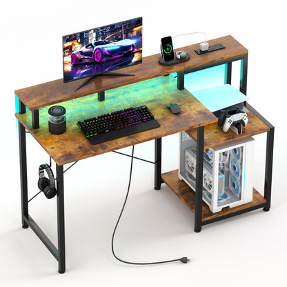CAIYUN Computer Desk with Printer Stand, 48 Inch Computer with Power Outlets & Adjustable LED, Office Desk with Monitor Stand Rise