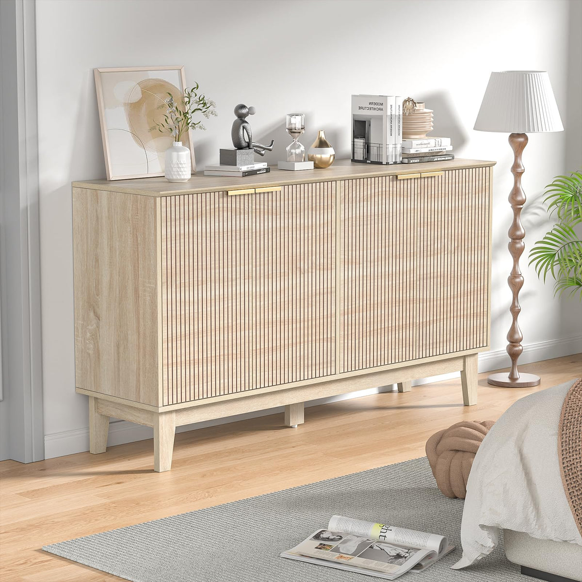 Yvsevnr Sideboards for Living Room, Buffet Storage Cupboards with Adjustable Shelves, 140 cm Kitchen Cabinet with 4 Doors, Anti-tip