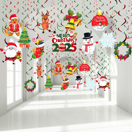 30 Pcs Christmas Swirl Hanging Decorations Garland Xmas Holiday Ceiling Hanging Foil Swirl Decorations for Indoor Outdoor Happy Christmas Holiday