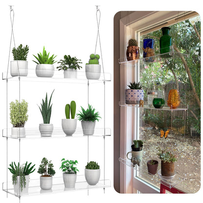 Hanging Clear Acrylic Plant Shelves - 3-Tier Window Wall Stand for Indoor Gardens, Flower, Succulents, Herb, Seedling Organization and Plant Pots