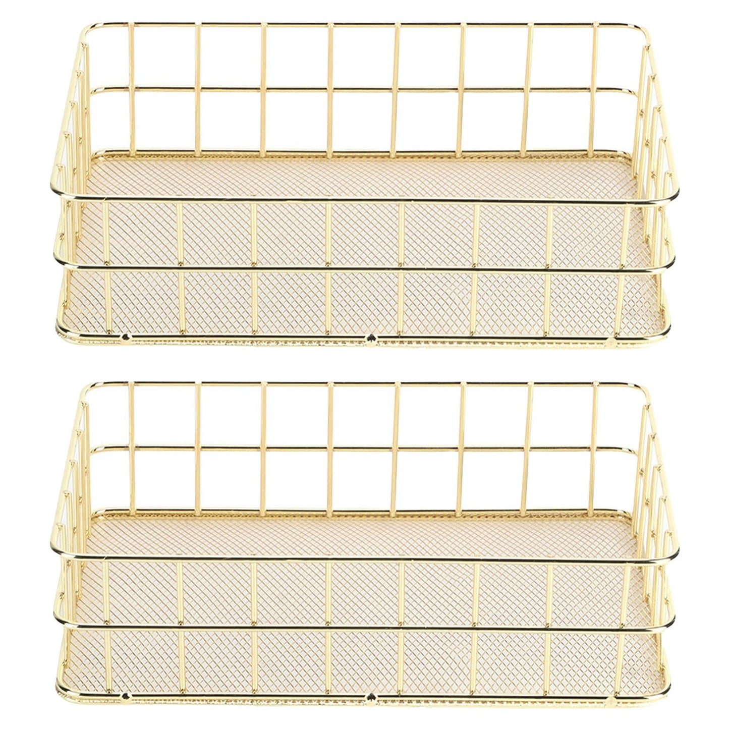 Hapivida 2 Pcs Wire Storage Basket, 24.5x16.5x6.5cm Golden Desktop Metal Storage Basket Iron Grid Storage Tray Net Organizer Bins for Kitchen, Pantry