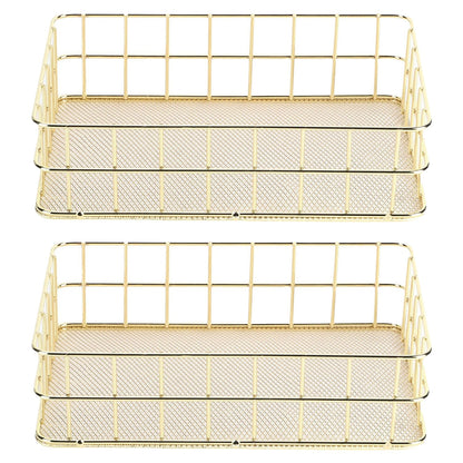 Hapivida 2 Pcs Wire Storage Basket, 24.5x16.5x6.5cm Golden Desktop Metal Storage Basket Iron Grid Storage Tray Net Organizer Bins for Kitchen, Pantry