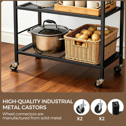 3-Tier kitchen trolley,Brown Wood Top,60W×30Dcm,4 Hooks, Adjustable Shelves