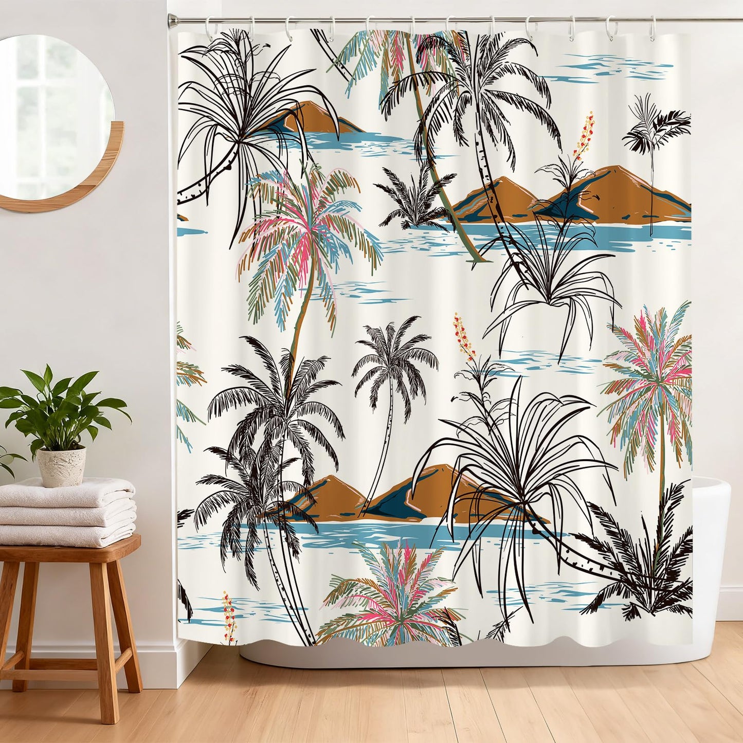 BREASOME Island Shower Curtain 180 x 180 cm Tropical Palm Tree Shower Curtain for Bathroom Decor Mould Proof Waterproof Polyester Fabric Bath Curtain