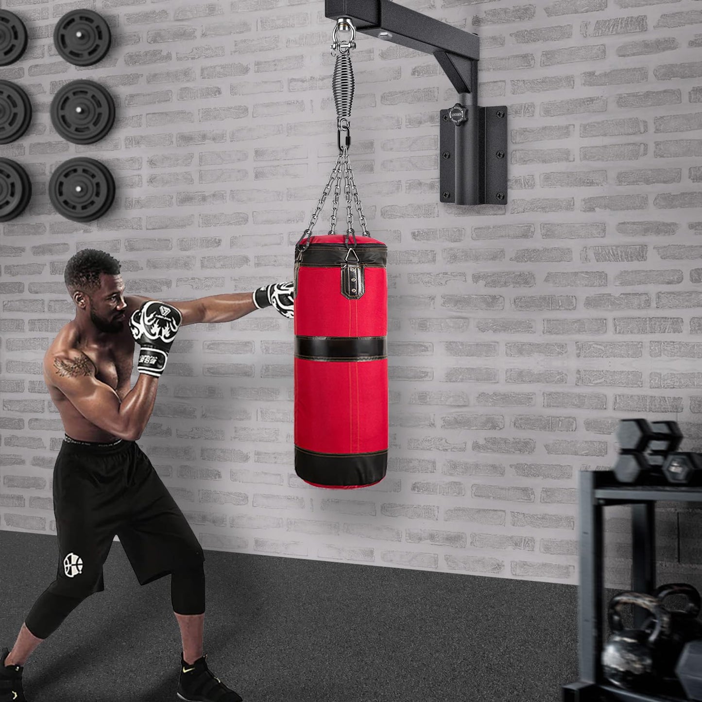 BeneLabel Punch Bag Bracket, Boxing Bag Wall Stand Frame Heavy Duty Speed Bag Hanger Silent Rotation Spring Carabiner with Adjustable 44-64cm