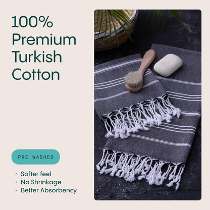 WETCAT Turkish Hand Towels with Hanging Loop, Set of 2 (20" x 30") 100% Turkish Cotton, Pre-Washed, Quick Drying, for Kitchen or Bathroom - Black