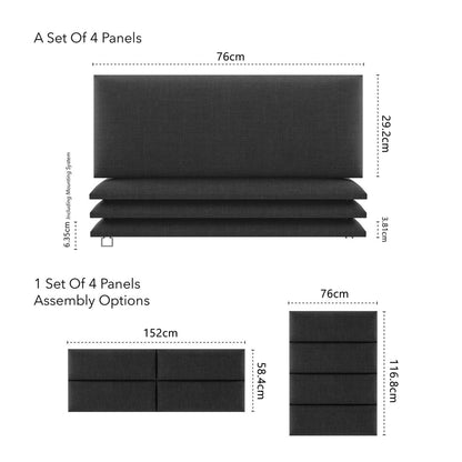VANT Upholstered Headboards - Accent Wall Panels - Packs of 4 - Easy to Install - Single & Double bed Size (76 cm Wide, Weave Steal Black)
