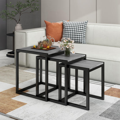 HAHRIR Nesting Table Set of 3 Side Wooden Tables, Square End Tables，Coffee Table with Metal Frame (Grey)