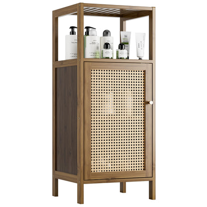vovala Bamboo Floor Cabinet, Bathroom Storage Organizer Rack with Single Rattan Door and 1 Shelf, Small Wooden Side Cupboard Stand for Entryway