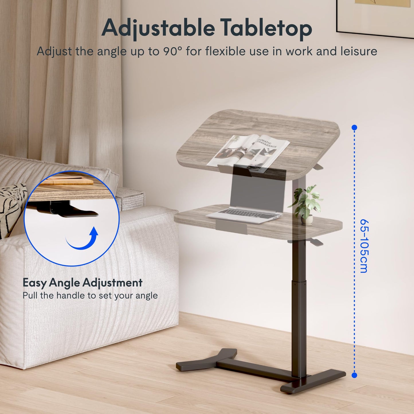 FLEXISPOT Overbed Table with Wheels, Adjustable Height Bedside Table, Rolling Laptop Desk for Bed Sofa, Small Standing Desk 75 x 40 cm