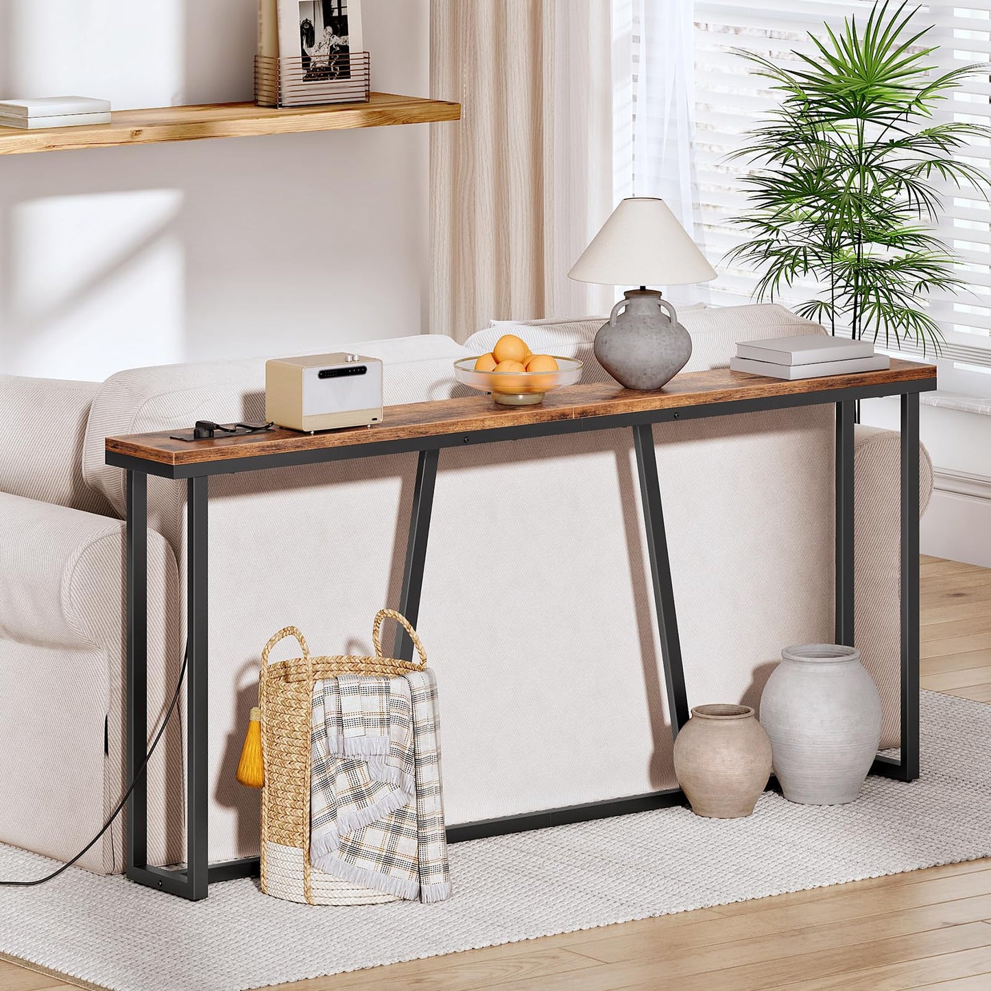 HOOBRO Console Table, 180 cm Slim Console Table with Charging Station, Long Behind Sofa Table, Narrow Hallway Table,for Hallway, Entryway