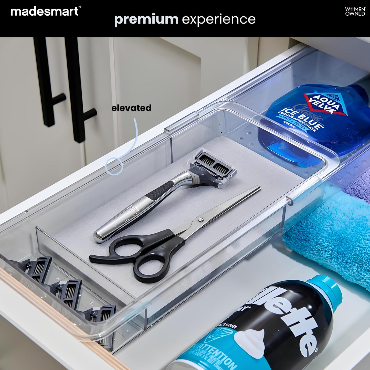 madesmart Dental Tray Drawer Organizer with Drying Stone, Clear Plastic Drawer Organizer for Toothbrush, Dental Floss, Water Flossers, Toothpaste