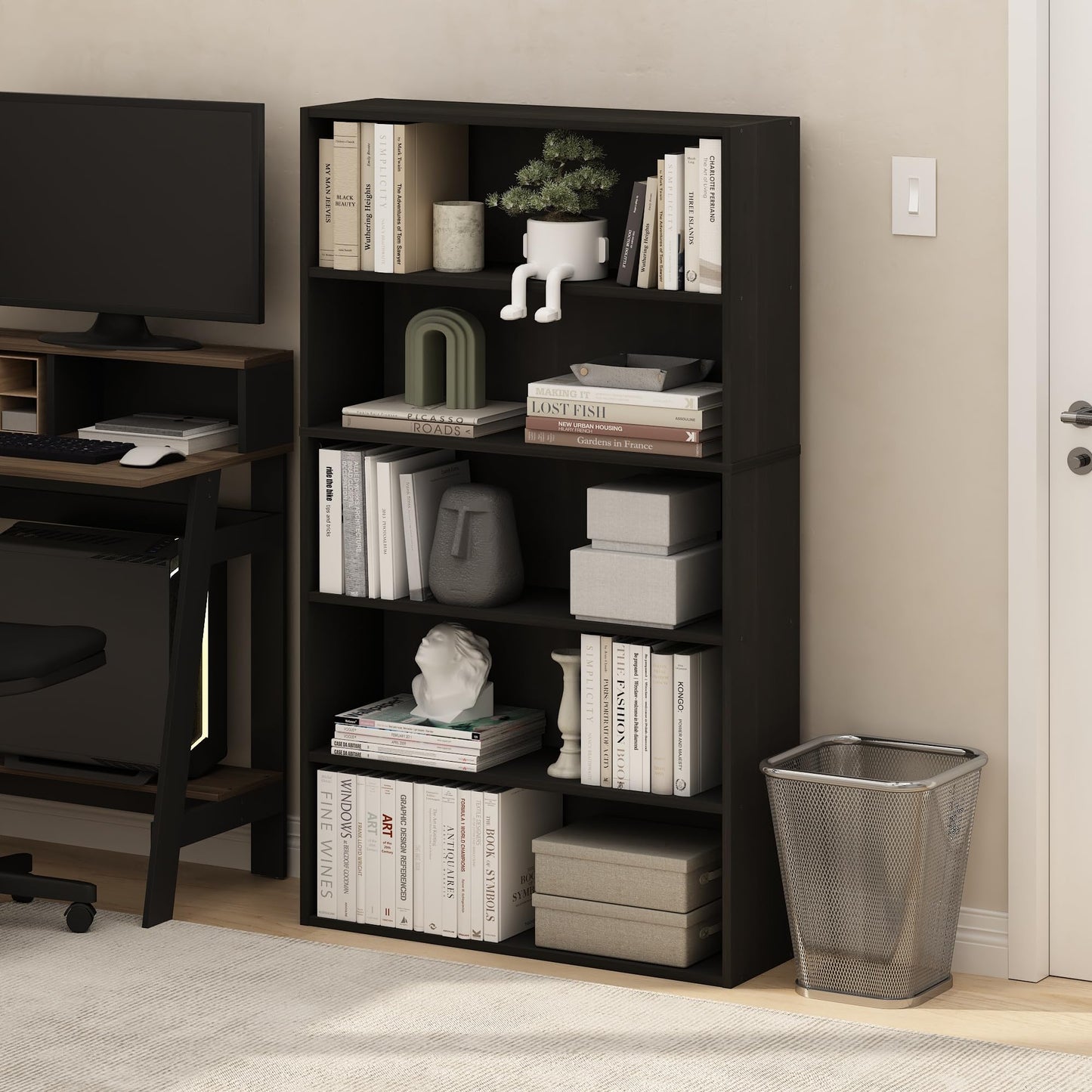 Furinno PASIR Book Shelf, 5-Tier Bookshelf, Bookcase with Open Shelf, 9.4 x 31.5 x 52.7, for Living Room, Bedroom, Home Office, Espresso