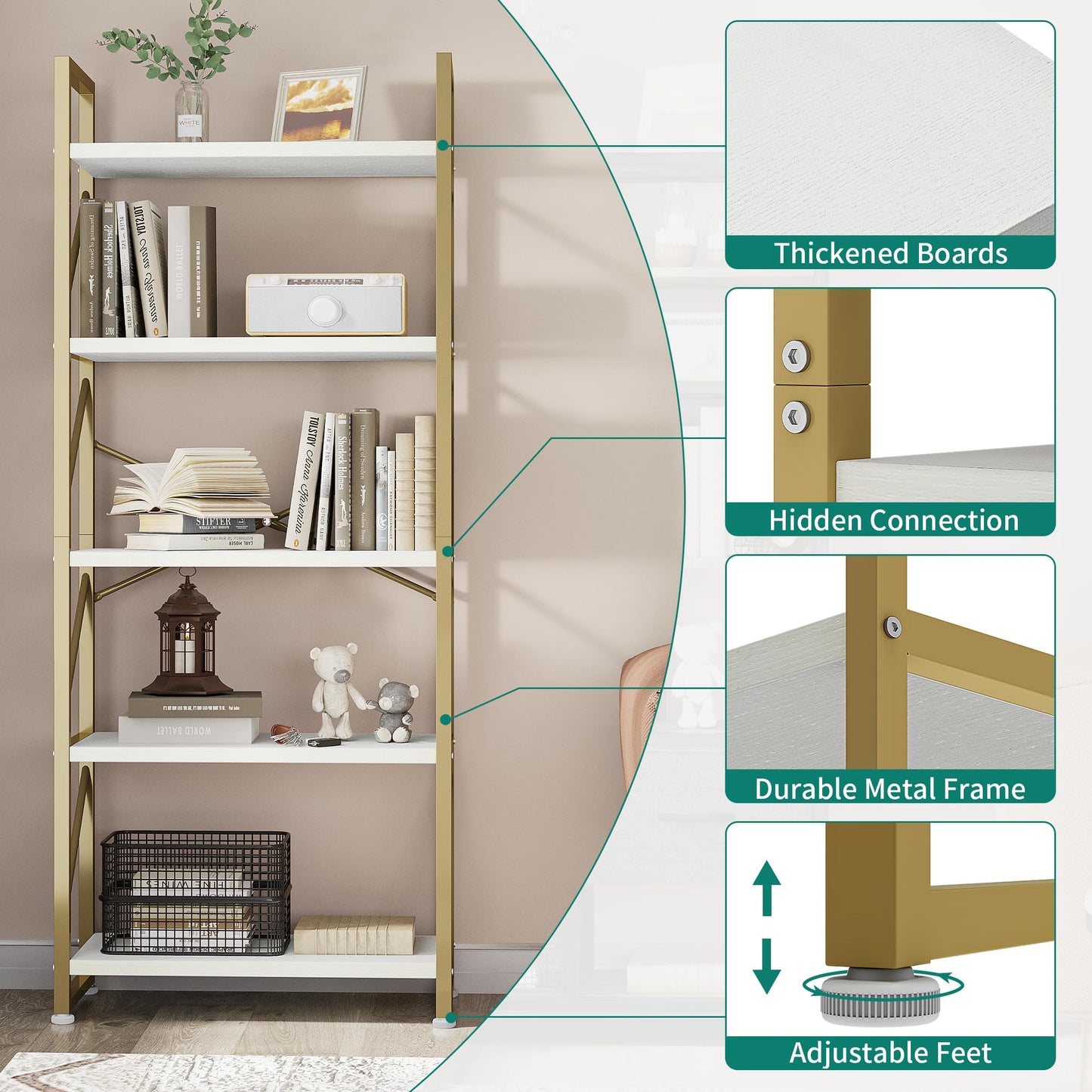 YITAHOME Bookcase 5 Tiers, Floor Standing Book Shelf, Wooden Shelf and Metal Frame Book Rack, Display Storage Rack Shelving Units for Living Room,