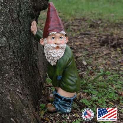 BELLA HAUS DESIGN Willy The Peeing Garden Gnome - 10.3" Tall Polyresin - Red, Green & Brown Funny Gnome Statue for Lawn Ornaments, Indoor or Outdoor