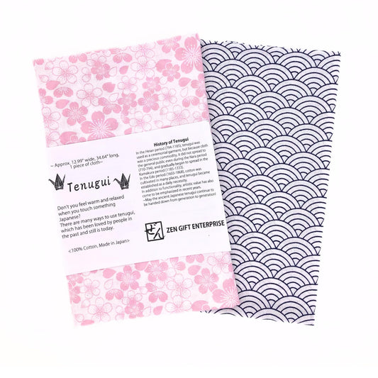 Japanese Tenugui Towel, 34.64"L x 12.99"W, Sakura & Seigaiha Navy, Set of 2