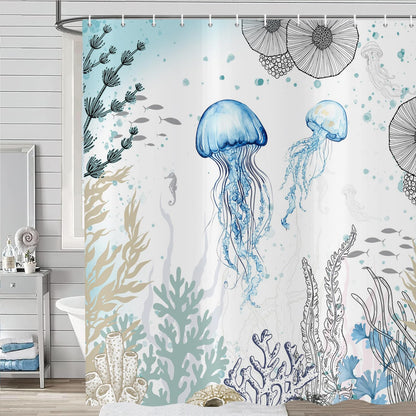 ASDCXZ Jellyfish Shower Curtain 180x200 cm, Watercolor Jellyfish Underwater Coral Summer Ocean Nautical Waterproof Bath Curtain Polyester Textile