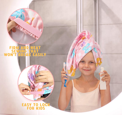 WAWSAM 2 Pack Kids Hair Towel Wrap for Girls, Microfibre Hair Turban Towel Fast Drying, Hair Towel Wrap with Elastic Strap for Long Hair