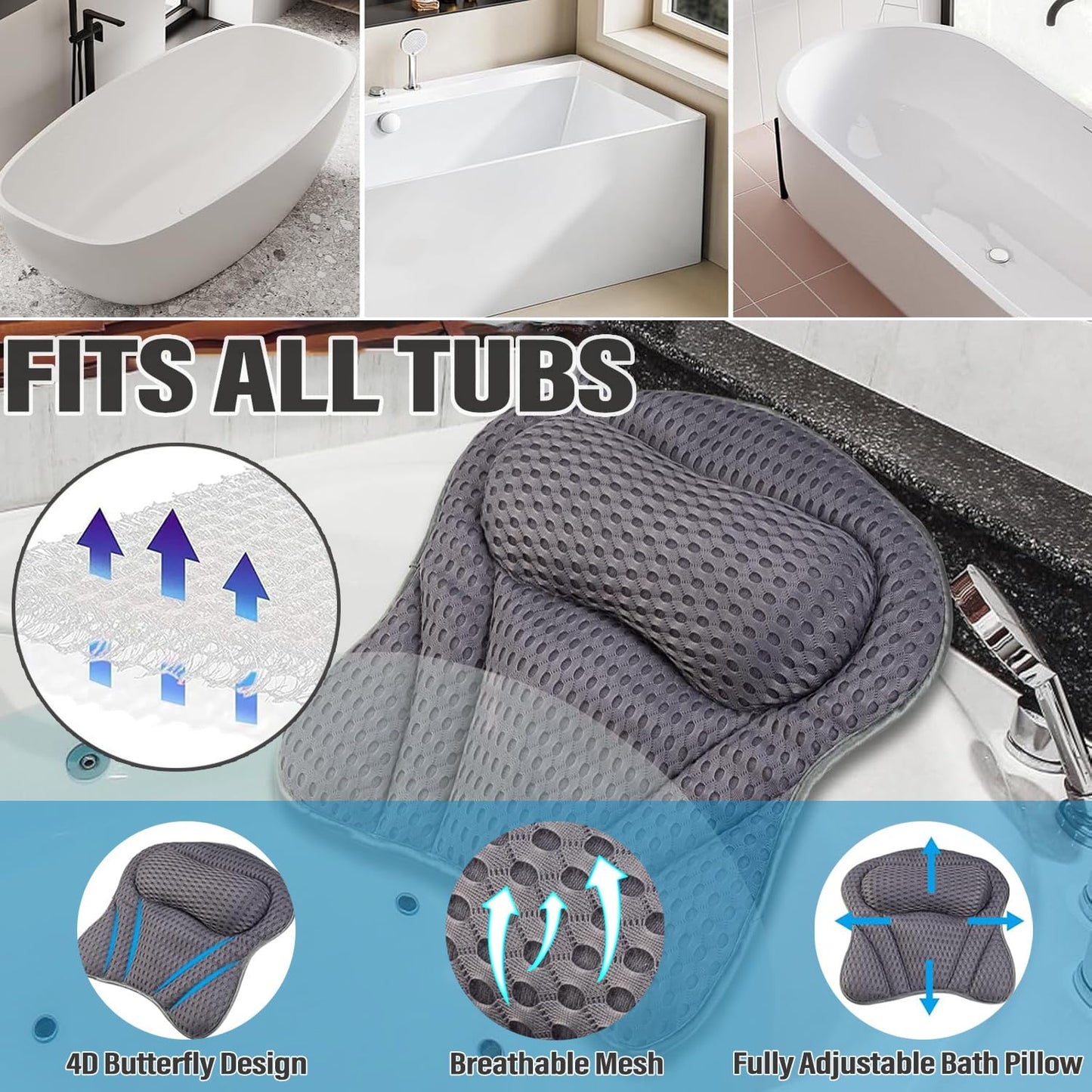 Bath Pillow 4D Ergonomic Bath Pillow Neck and Back Support Bath Cushion Air Mesh Technology Bath Headrest Pillow Bath Pillows with 6 Strong Suction