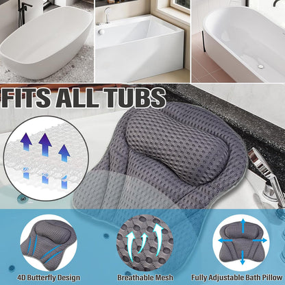 Bath Pillow 4D Ergonomic Bath Pillow Neck and Back Support Bath Cushion Air Mesh Technology Bath Headrest Pillow Bath Pillows with 6 Strong Suction
