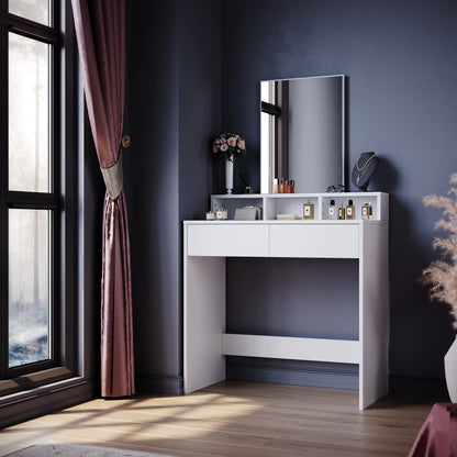 ELEGANT Dressing Table with Mirror and 2 Drawers, White Makeup Vanity Desk for Bedroom, Vanity Table Set with 3 Open Storage Compartments