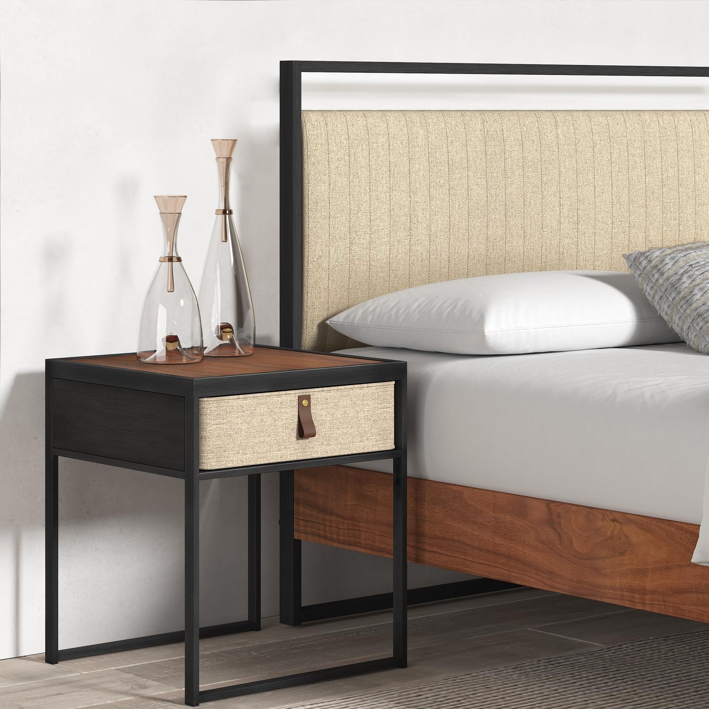 Zinus Ilsang Nightstand 45x43x52 cm - Metal and Wood Side table - Taupe fabric drawer - Brown and Black