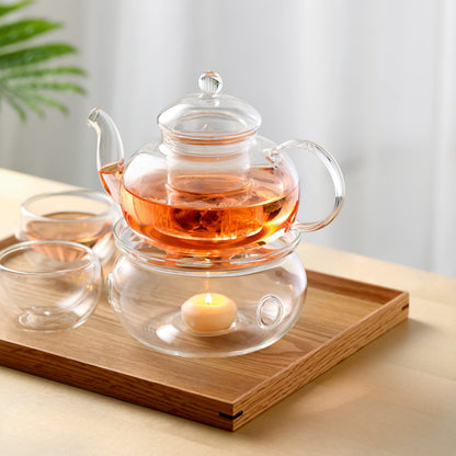 CnGlass 1000ml/33.8oz Glass Teapot with Removable Infuser,Stovetop Safe Tea Kettle with 4-Pack 100ml Teacups and Glass Tea Warmer 5.3in/13.5cm