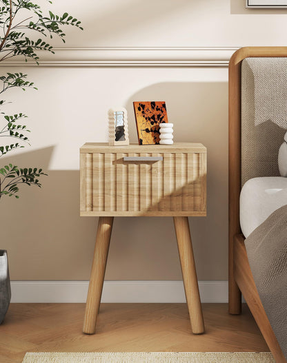 YMYNY Fluted Nightstand Set of 2, Small End Table, Modern Coffee Table with Drawer, Solid Wood Legs, Retaining Chain, 35x27x53cm