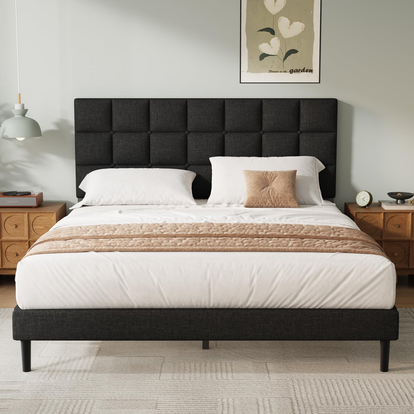 Yocreat Small Double Bed Frame, Easy Assembly, Sturdy Wooden Slat Support, Upholstered Platform with Headboard, No Box Spring Needed
