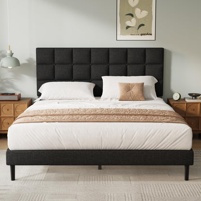 Yocreat Small Double Bed Frame, Easy Assembly, Sturdy Wooden Slat Support, Upholstered Platform with Headboard, No Box Spring Needed